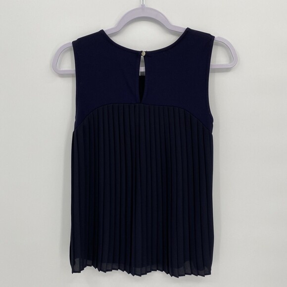 Ann Taylor Women's Round Neck Sleeveless Pleated Tank Top Blouse Navy Blue XS - Picture 6 of 9